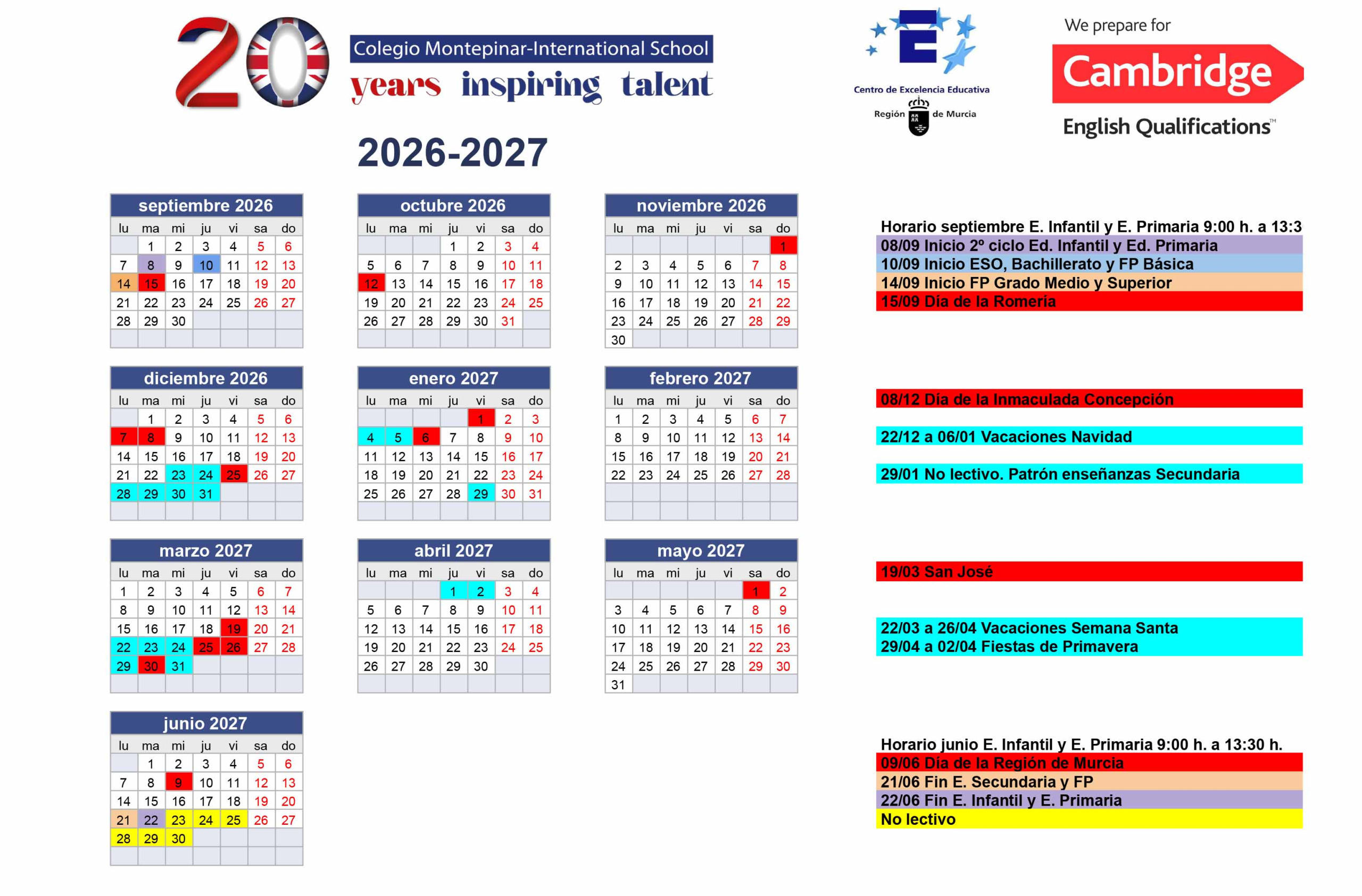 Calendario Colegio Montepinar 2026 2027_22-7-26